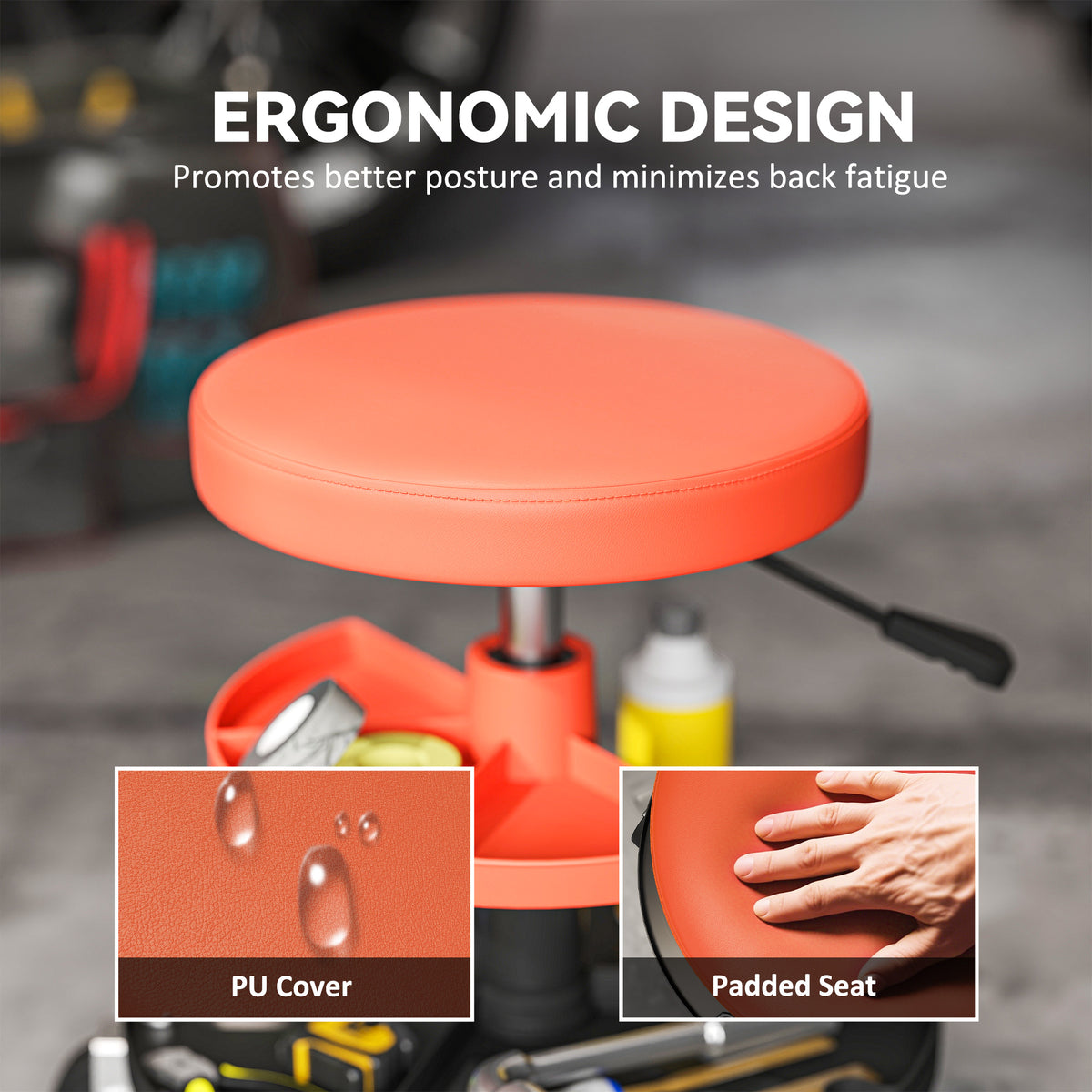 Rolling Garage Stool, 300 LBS Capacity Mechanic Stool with 2.5" Wheels, Tool Trays Storage – view 12