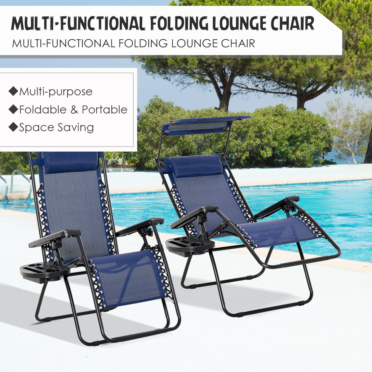 2 Piece Foldable Lounge Chair with Canopy Shade, Outdoor Zero Gravity Chair w/ Side Tray & Cup Holder – view 11