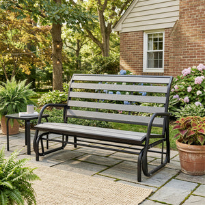 2 Person Outdoor Glider Bench, Patio Glider Loveseat with Faux Wood Slatted Seat and Back, Steel Frame, Grey