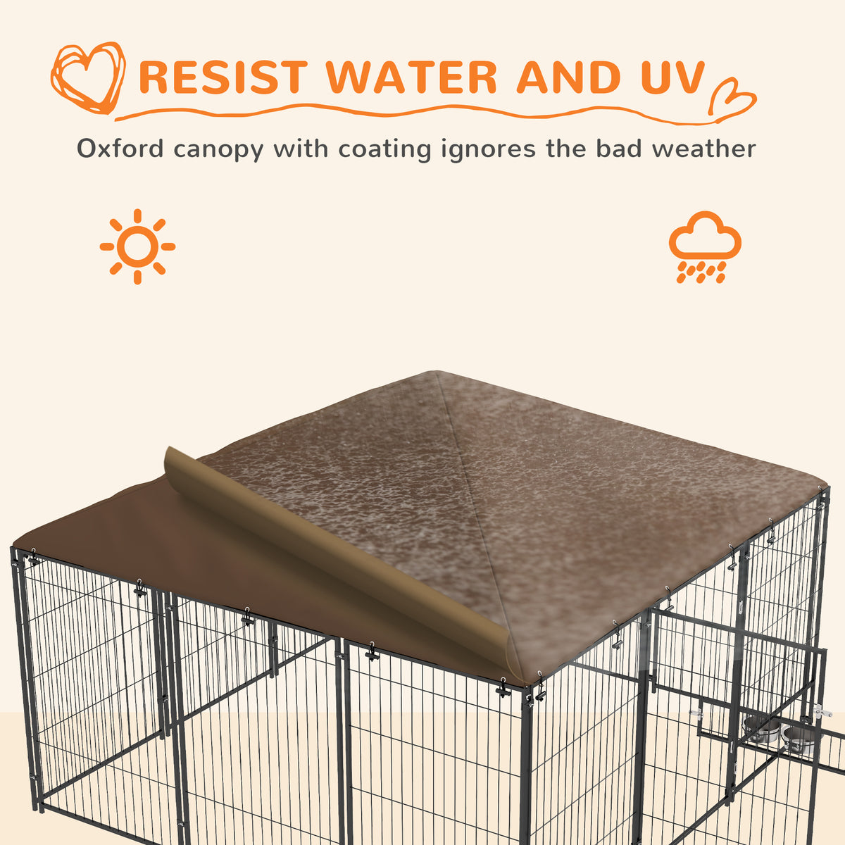 4.6' x 4.6' x 5' Outdoor Dog Kennel with Canopy, Rotating Bowls, Coffee – view 18