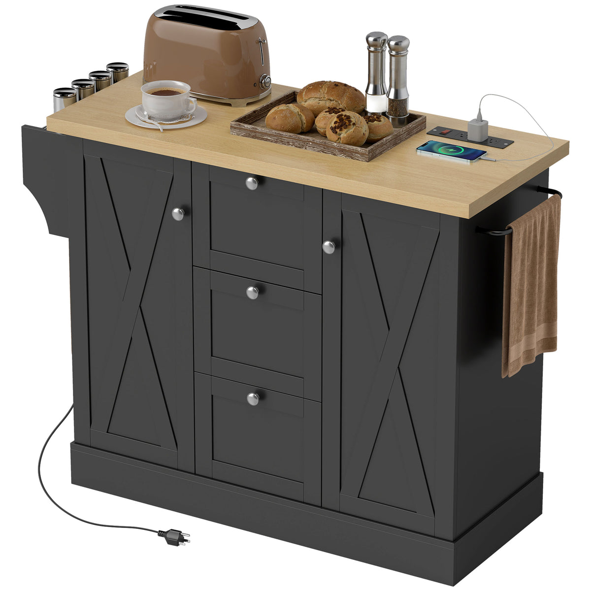 Farmhouse Kitchen Island Cart with Power Outlet and Soft-Close Doors, 49" Kitchen Island with 3 Drawers