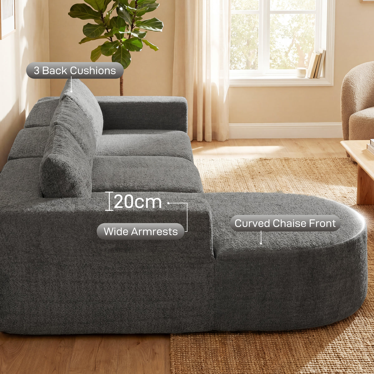 L Shaped Cloud Boneless Couch, Modular Sectional Sofa with Chaise and Deep Seat for Living Room, Bedroom, Dark Grey
