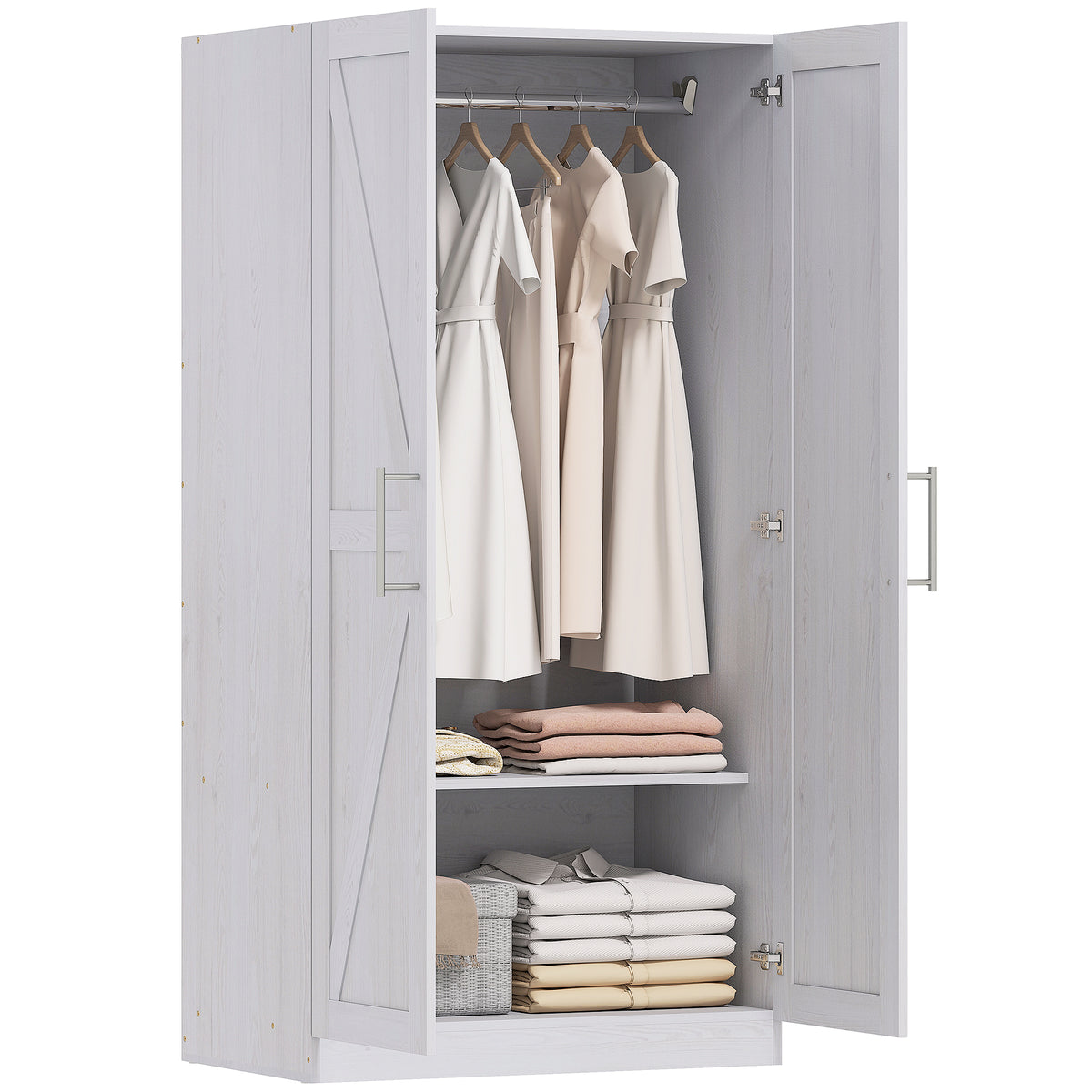 Wardrobe Cabinet with Hanging Rod, Anti-Tipping and 2 Barn Doors, Farmhouse Wardrobe Closet for Bedroom, White Wood Effect