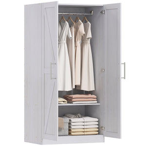 Wardrobe Cabinet with Hanging Rod, Anti-Tipping and 2 Barn Doors, Farmhouse Wardrobe Closet for Bedroom, White Wood Effect