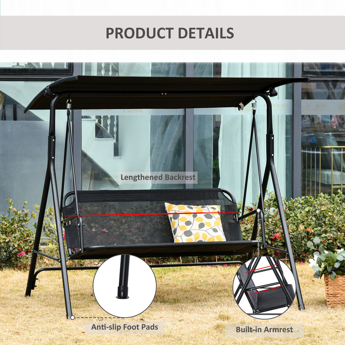 2-Person Porch Swing Chair, 2 Seater Patio Swing Bench w/ Adjustable Canopy, Breathable Seat for Garden – view 4