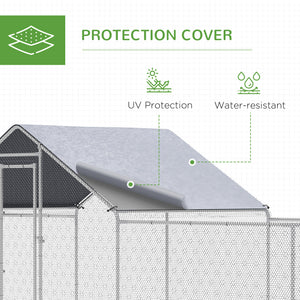 Chicken Run, 23' x 6.6' Metal Chicken Coop with Waterproof and Anti-UV Cover, Spire Roof, Door, for 12-14 Chickens, Ducks, Rabbits, Sliver
