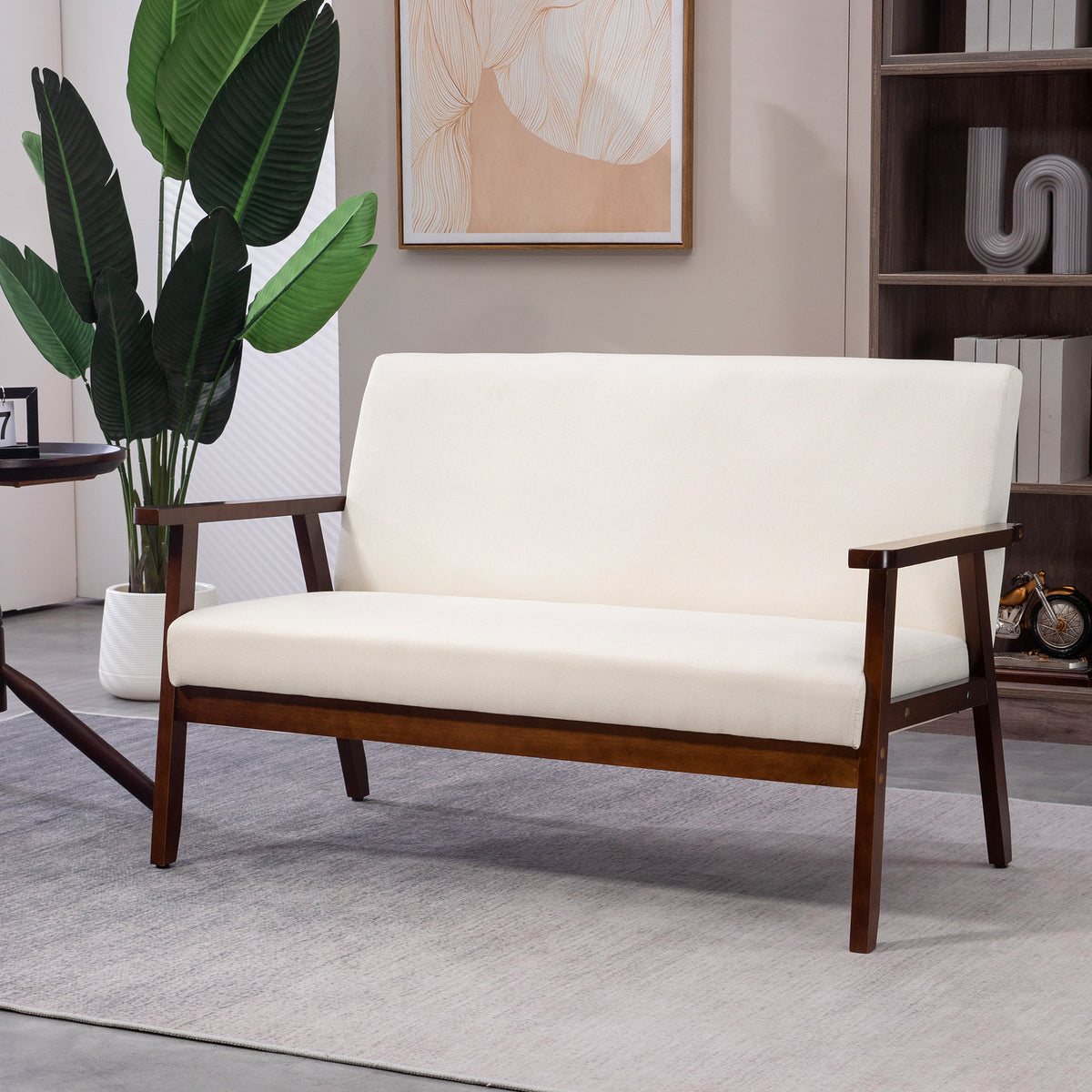 Compact Loveseat Sofa Couch Linen Fabric Double Seat Sofa with Rubber Wood Legs Cream White – view 7