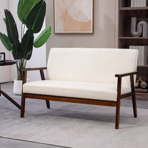 Compact Loveseat Sofa Couch Linen Fabric Double Seat Sofa with Rubber Wood Legs Cream White – view 7