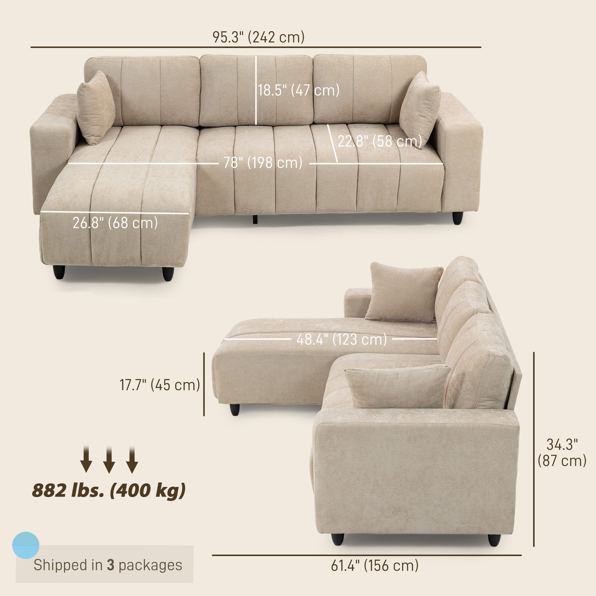 Sectional Couch with Integrated Seat, 3 Seater L-Shaped Sofa with Changeable Chaise, Spring Cushion – view 2