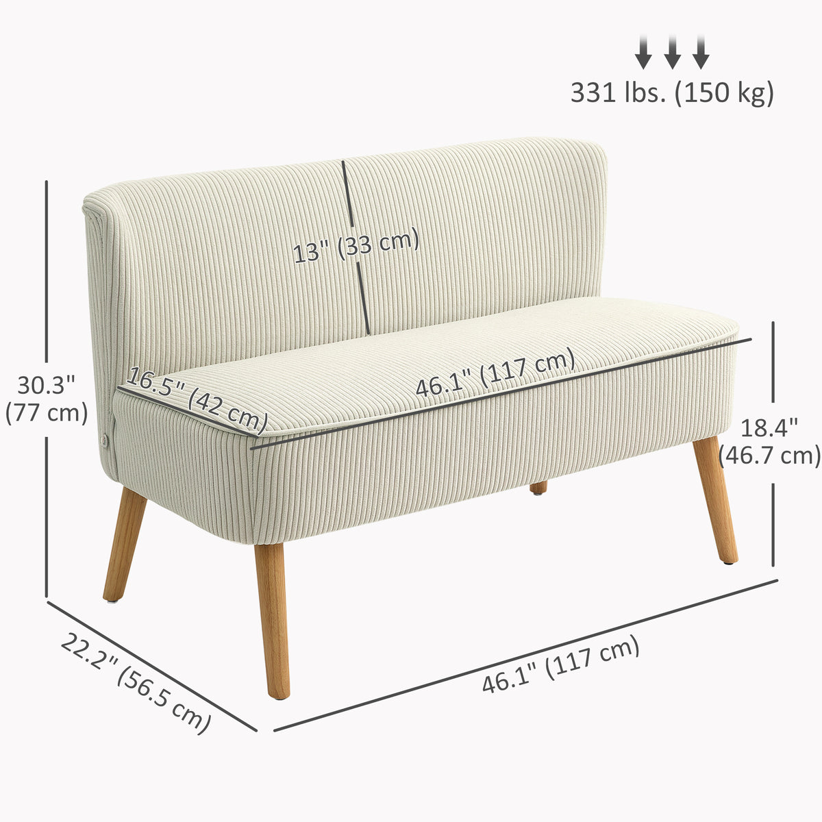 Modern 2 Seater Sofa, Upholstered Two Seater Couch with Rubber Wood Legs, Cream White – view 2
