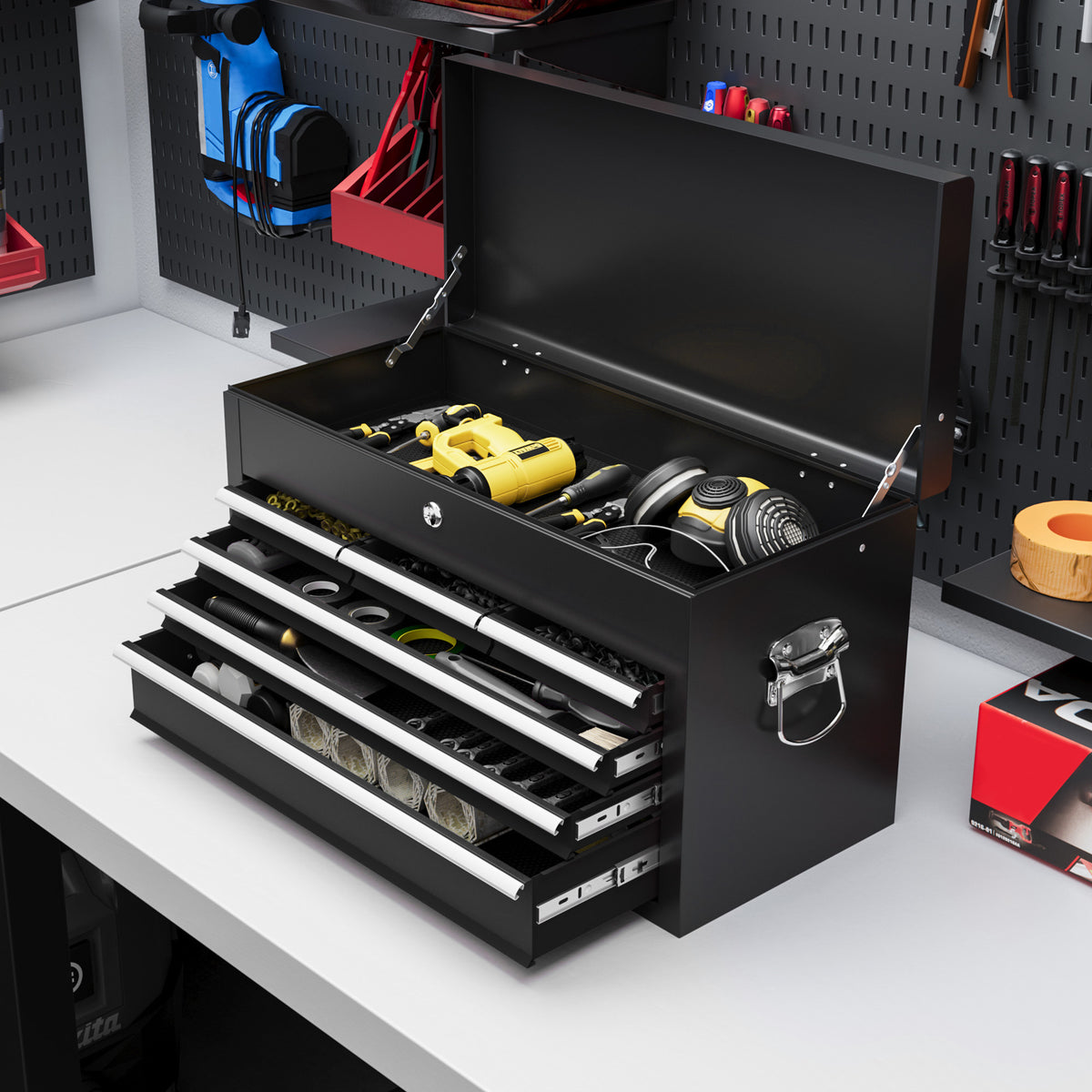 6 Drawer 24" Portable Tool Box with Top Case, Ball Bearing Slides, Metal Tool Chest for Garage, Household and Warehouse