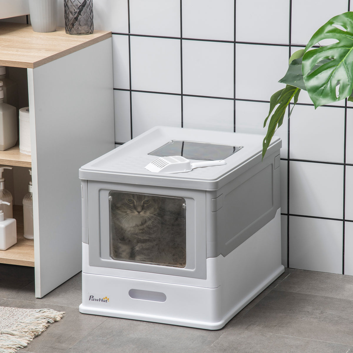 Top Entry Enclosed Kitty Litter Box with Scoop, Tray, Front Entry, Large Space, Foldable, Portable, Grey – view 7