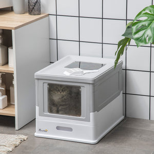 Top Entry Enclosed Kitty Litter Box with Scoop, Tray, Front Entry, Large Space, Foldable, Portable, Grey – view 7