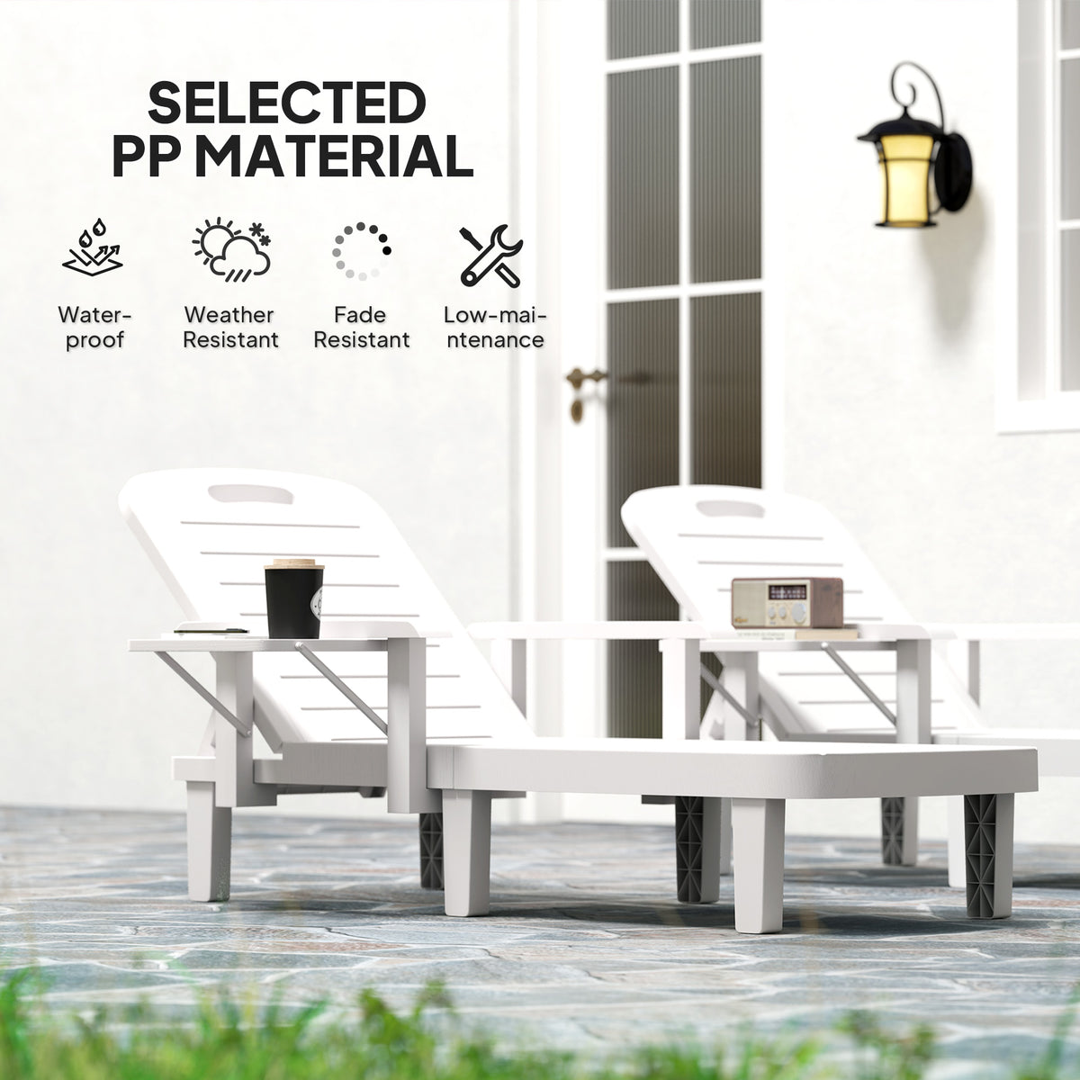 Set of 2 Tanning Chair, 5 Positions Adjustable Outdoor Lounge Chairs with Foldable Side Table, White