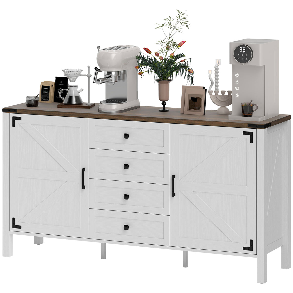 59" Buffet Cabinet, Farmhouse Sideboard with Thick Top, 2 Barn Doors, 4 Drawers and 2 Adjustable Shelves, Grey