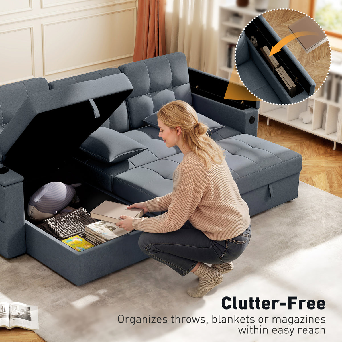 Convertible Sectional Sofa Bed, Pull Out Sleeper Sofa Couch with USB‑A+C, Chaise Storage – view 11