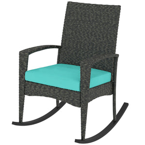 Outdoor Rocking Chair, Patio Wicker Chair Removable Cushion, High Back and Armrests for Porch Balcony, Turquoise