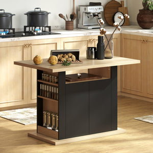 Kitchen Island Dining Table with Storage Cabinet, Large Tabletop for 4 People, 4-Door Cupboard & Shelves, Black