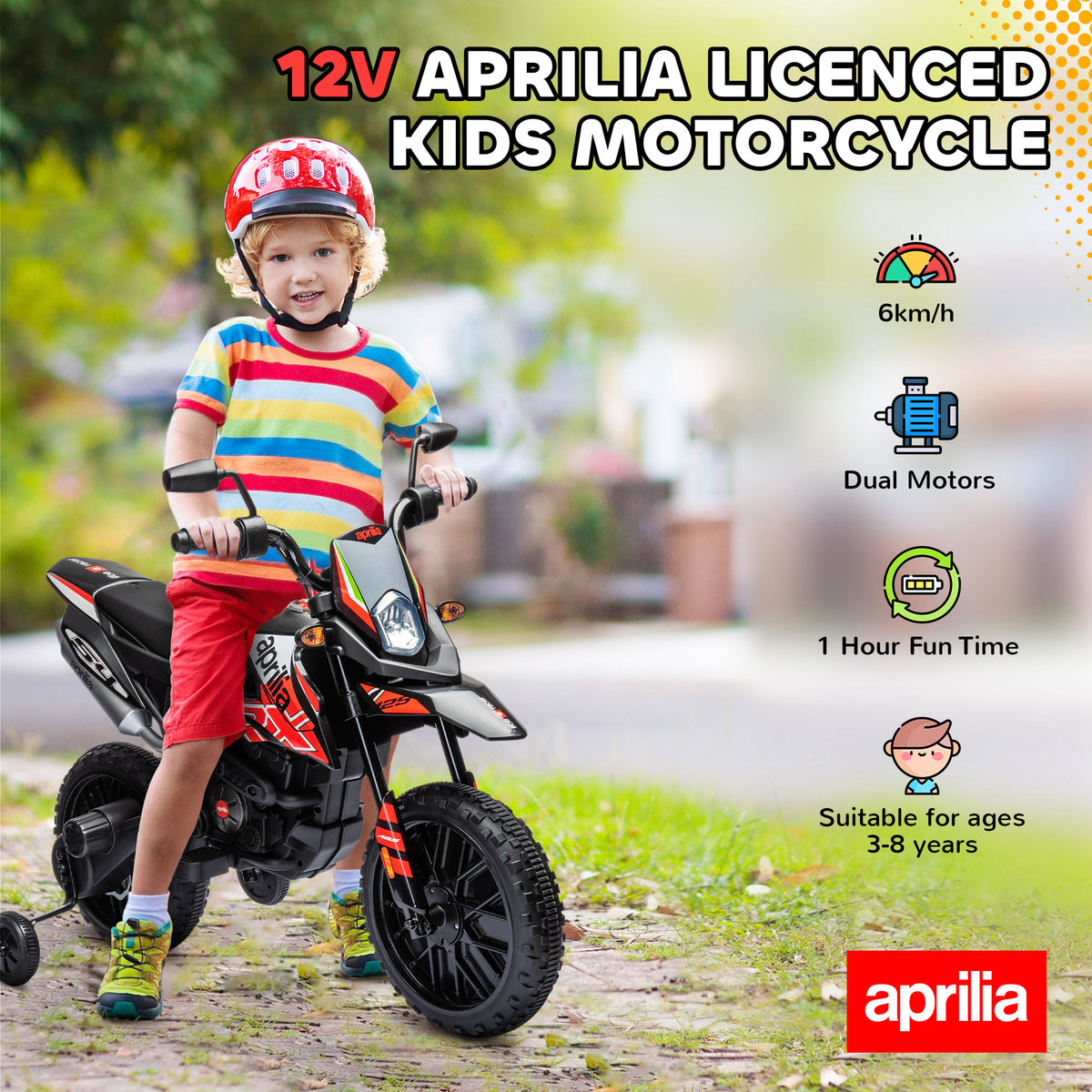 Qaba 12V Aprilia Licenced Kids Electric Motorcycle, Battery-Powered Dirt Bike with Training Wheels for Aged 3-8