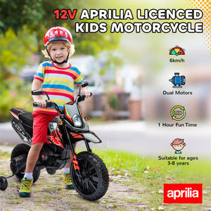 Qaba 12V Aprilia Licenced Kids Electric Motorcycle, Battery-Powered Dirt Bike with Training Wheels for Aged 3-8