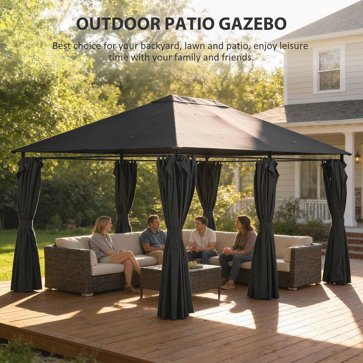 13'x 10' Soft-top Steel Patio Gazebo Canopy Party Tent with 6 Removable Curtains and Drainage Holes, Khaki – view 12