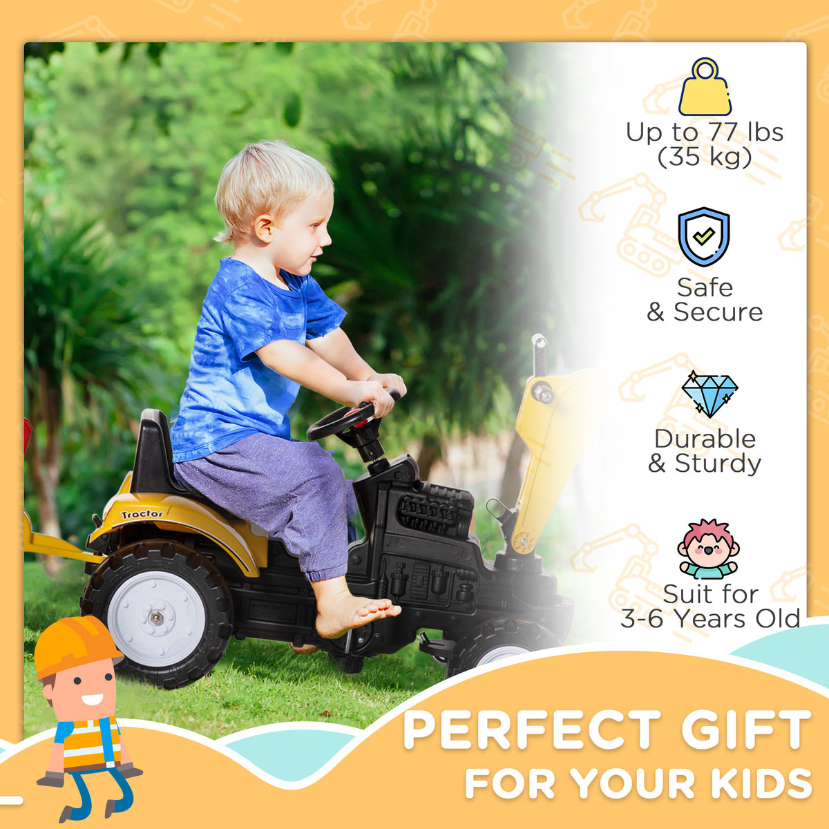 Aosom Ride on Tractor for Kids, Pedal Construction Car with Horn & Detachable Trailer for 3 Years Old, Yellow