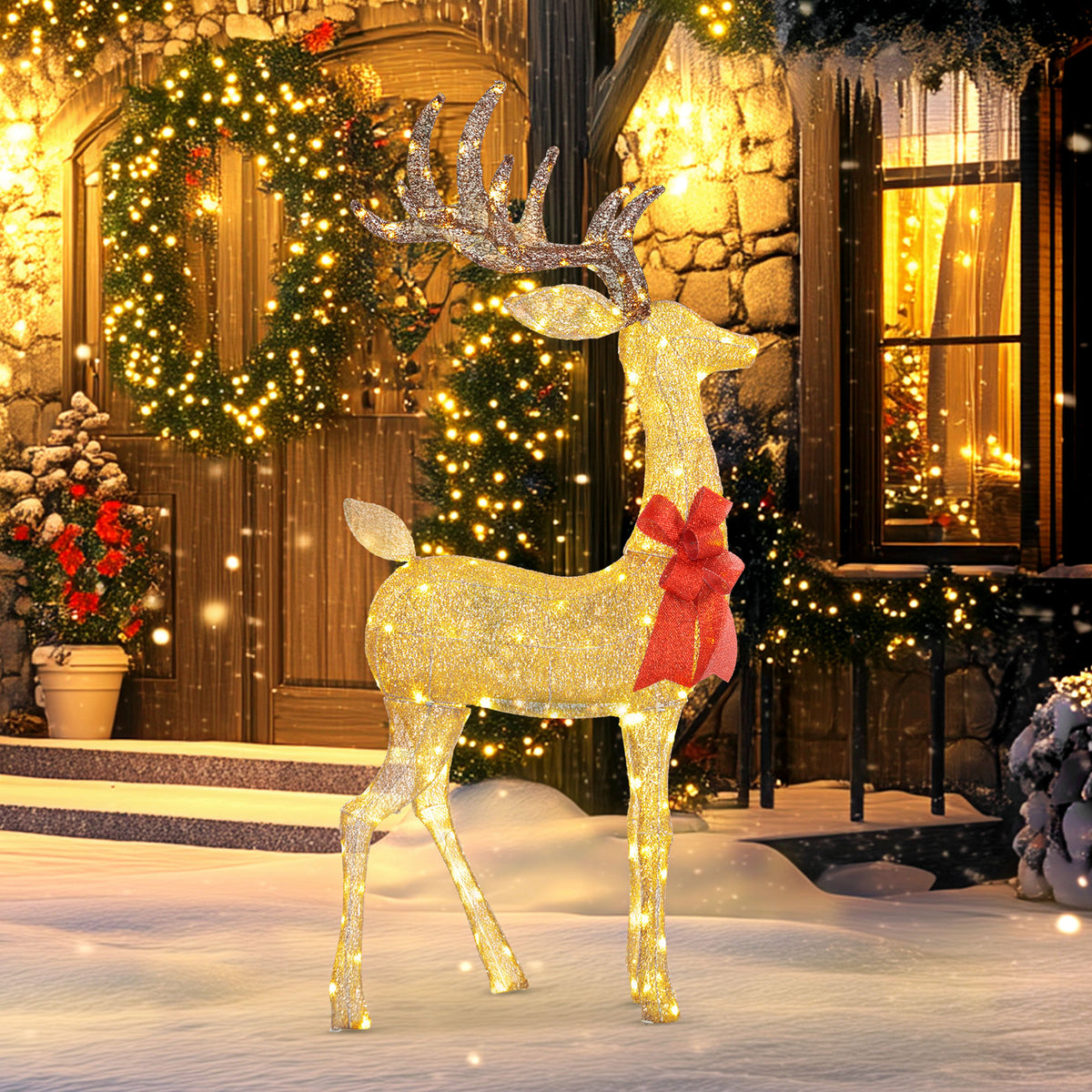 Light Up Reindeer Yard Decoration, Lighted Deer Christmas Decoration with LED Lights for Indoor, Outdoor, Lawn, Gold