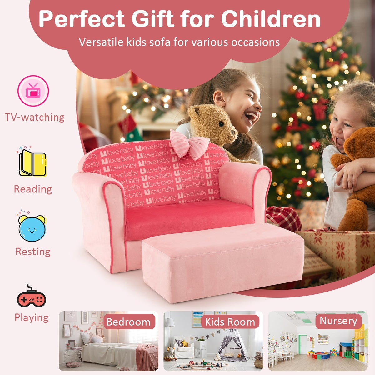 Ultra Soft Velvet Kids Sofa Chair Toddler Couch with Ottoman-Pink view 8