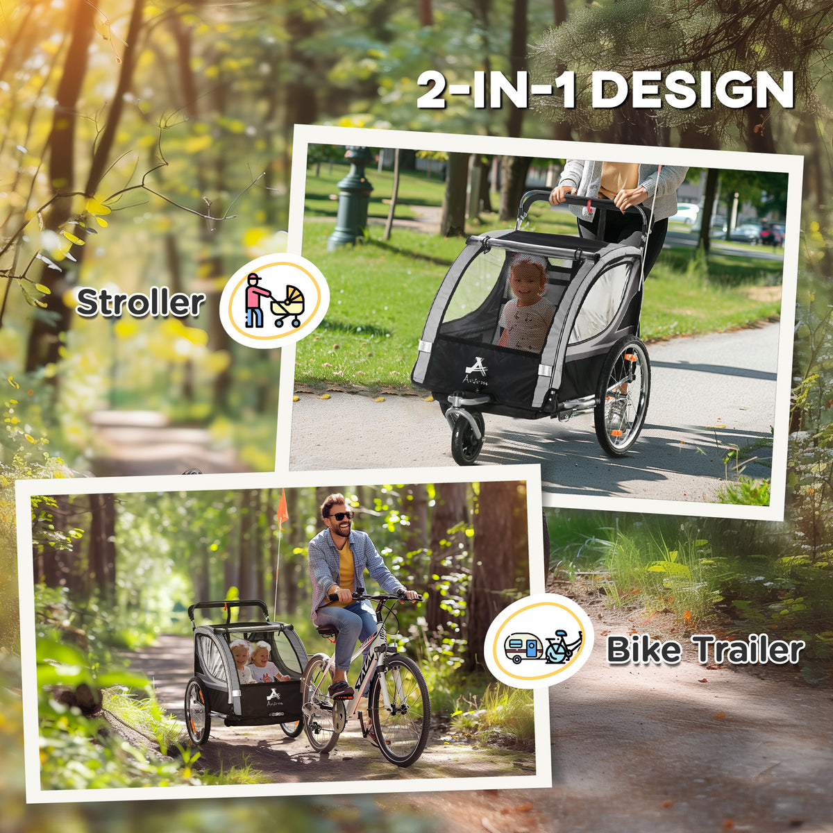 Aosom 2 Seat Bike Trailer for Kids 2-in-1 Double Baby Stroller with Handbrake, Rubber Wheels, 5 Point Harness, Waterproof Cover, Storage Bag, Reflectors