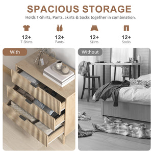 Bedroom Chest of Drawers, 3 Drawer Dresser with Fluted Panels and Solid Wood Legs, Storage Cabinet for Living Room, Oak
