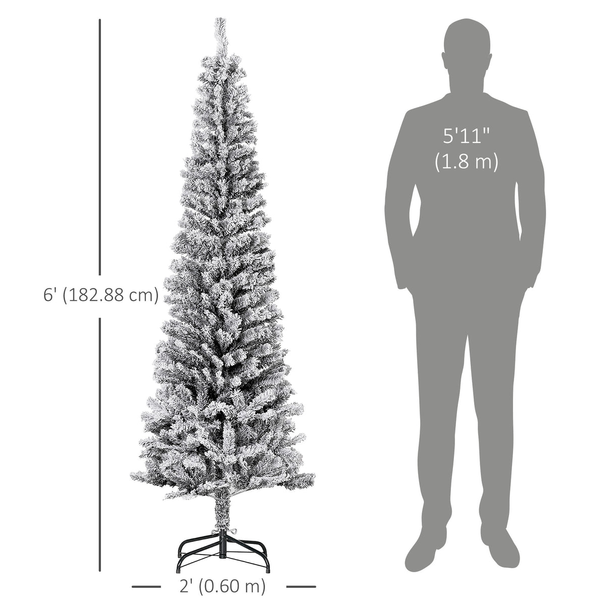 6ft Flocked Christmas Tree, Pencil Christmas Tree with Realistic Branch Tips, Folding Metal Stand, Green – view 9