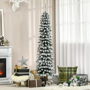 6 Ft Snow-Flocked Artificial Christmas Tree, Slim Pencil Xmas Tree with Realistic Branches, Metal Base – view 10