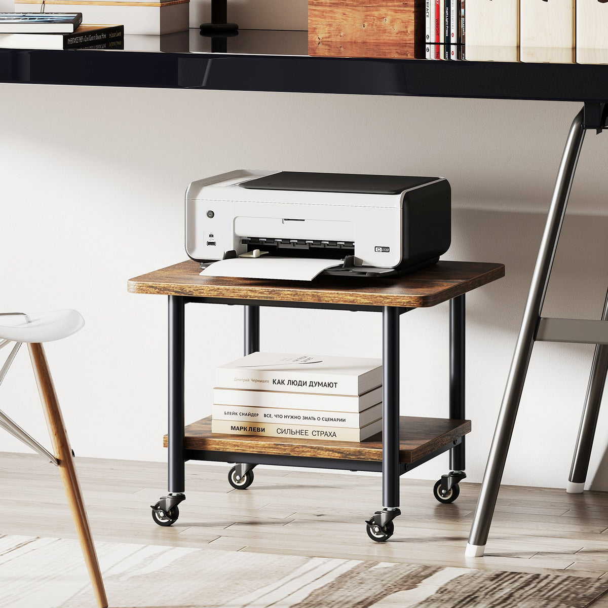 Under Desk Printer Stand with 360° Swivel Casters-Brown view 2