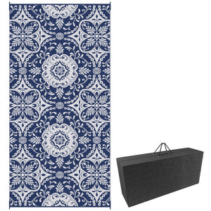 Portable Outdoor Rug with Carry Bag, 9' x 18' Reversible Mat, Waterproof Plastic Straw RV Rug for Backyard, Deck, Picnic, Beach, Camping, Blue & White Flower