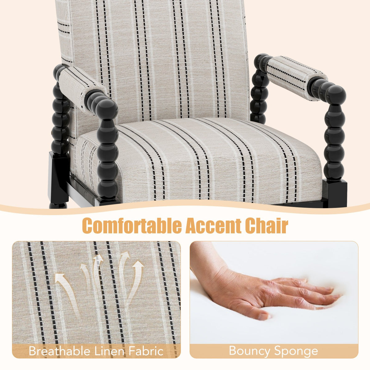 Upholstered Accent Chair with Rubber Wood Frame for Living Room-Beige view 5