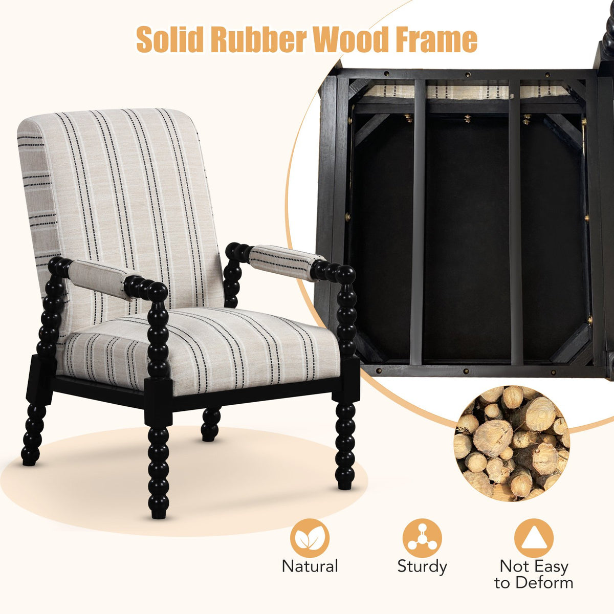 Upholstered Accent Chair with Rubber Wood Frame for Living Room-Beige view 6