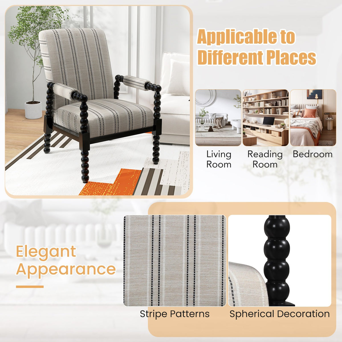 Upholstered Accent Chair with Rubber Wood Frame for Living Room-Beige view 7