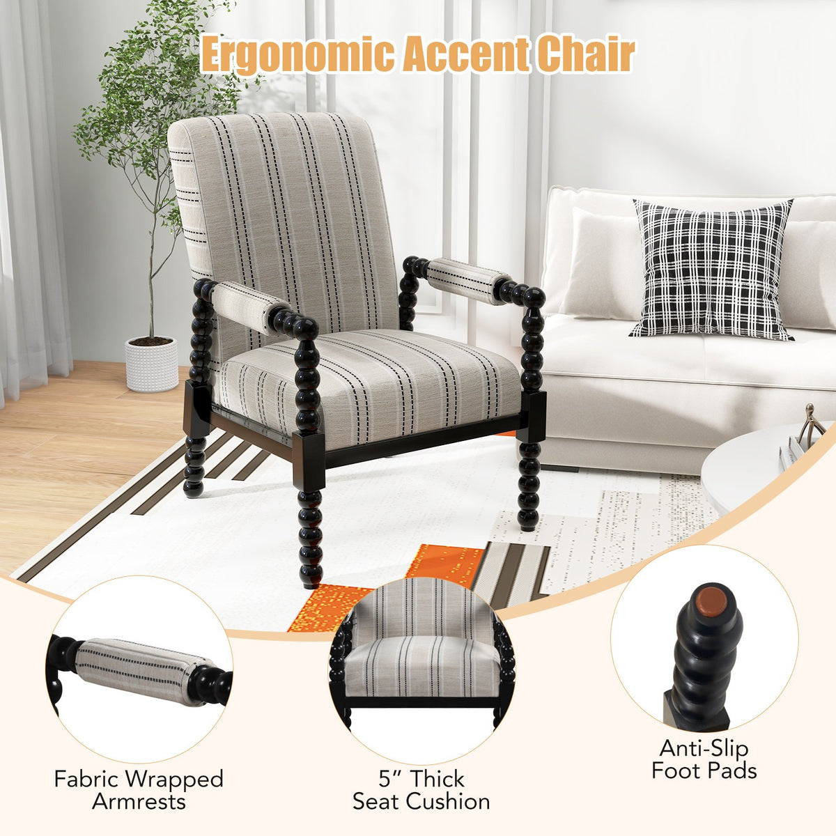 Upholstered Accent Chair with Rubber Wood Frame for Living Room-Beige view 8