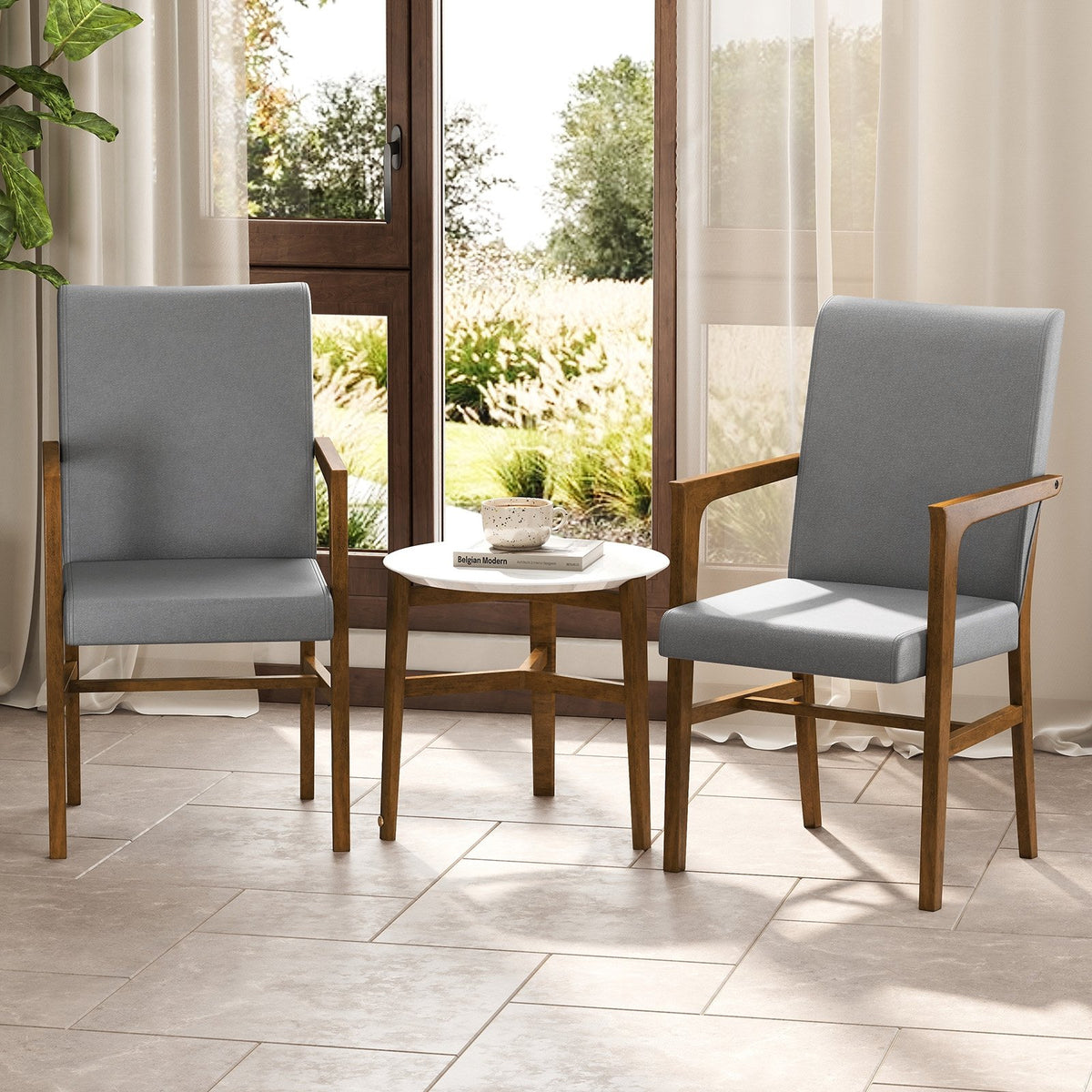 Upholstered Accent Chairs Set of 2 with High Back and Solid Wooden Frame-Gray view 2