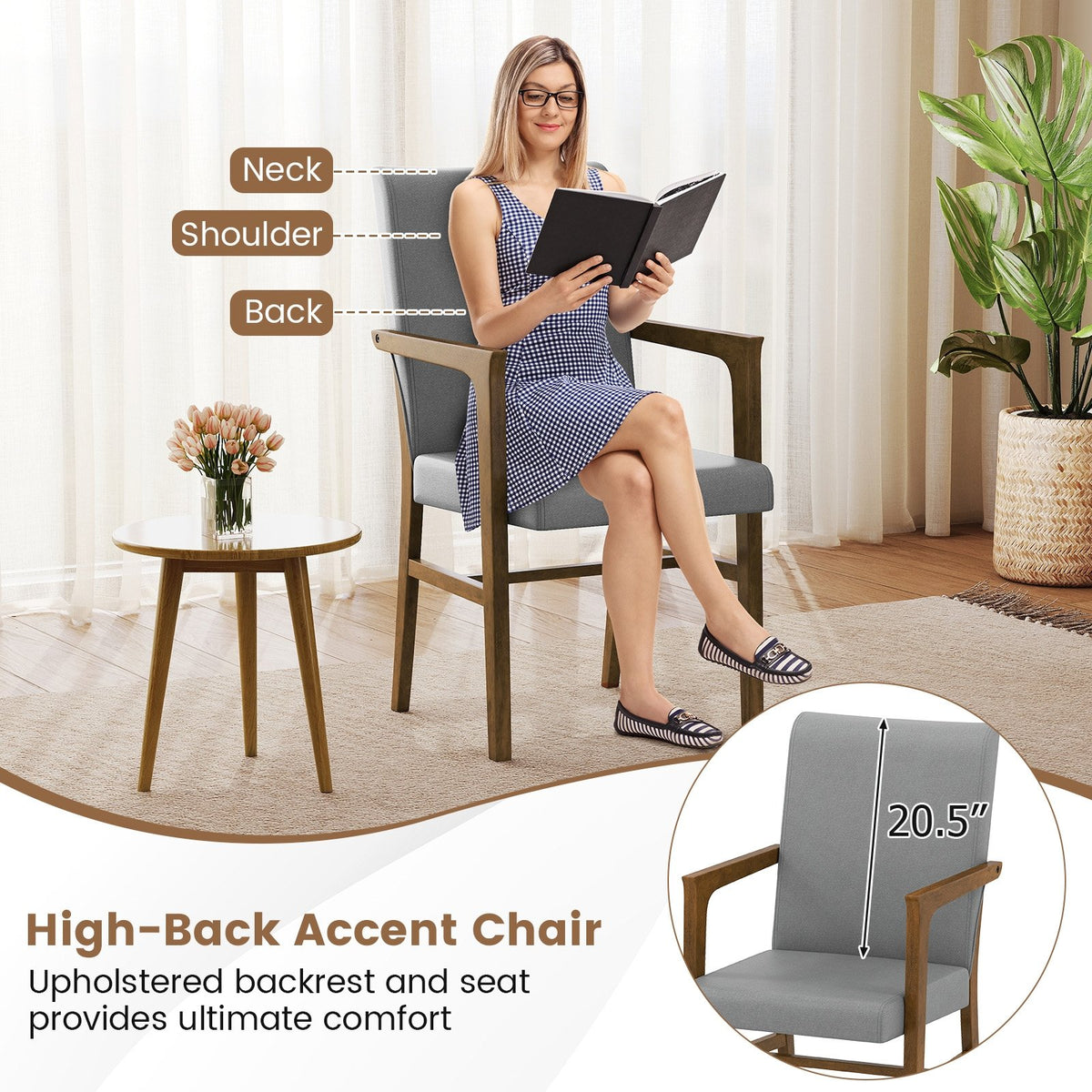Upholstered Accent Chairs Set of 2 with High Back and Solid Wooden Frame-Gray view 7