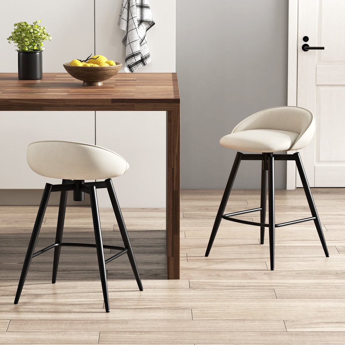 Upholstered Bar Stools Set of 2 with Footrest and Backrest-Beige view 3