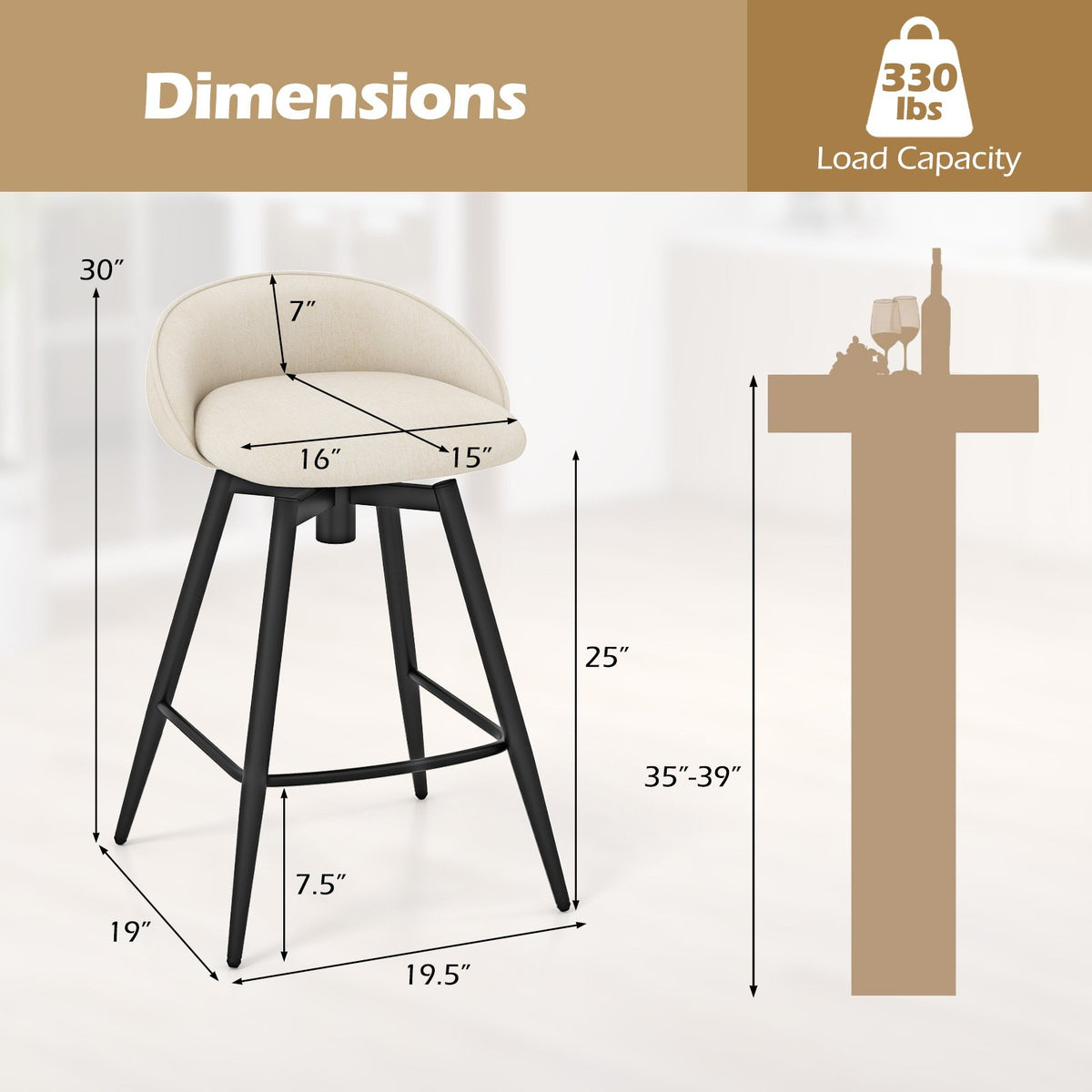 Upholstered Bar Stools Set of 2 with Footrest and Backrest-Beige view 5