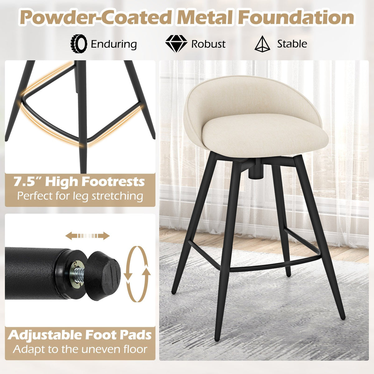 Upholstered Bar Stools Set of 2 with Footrest and Backrest-Beige view 6