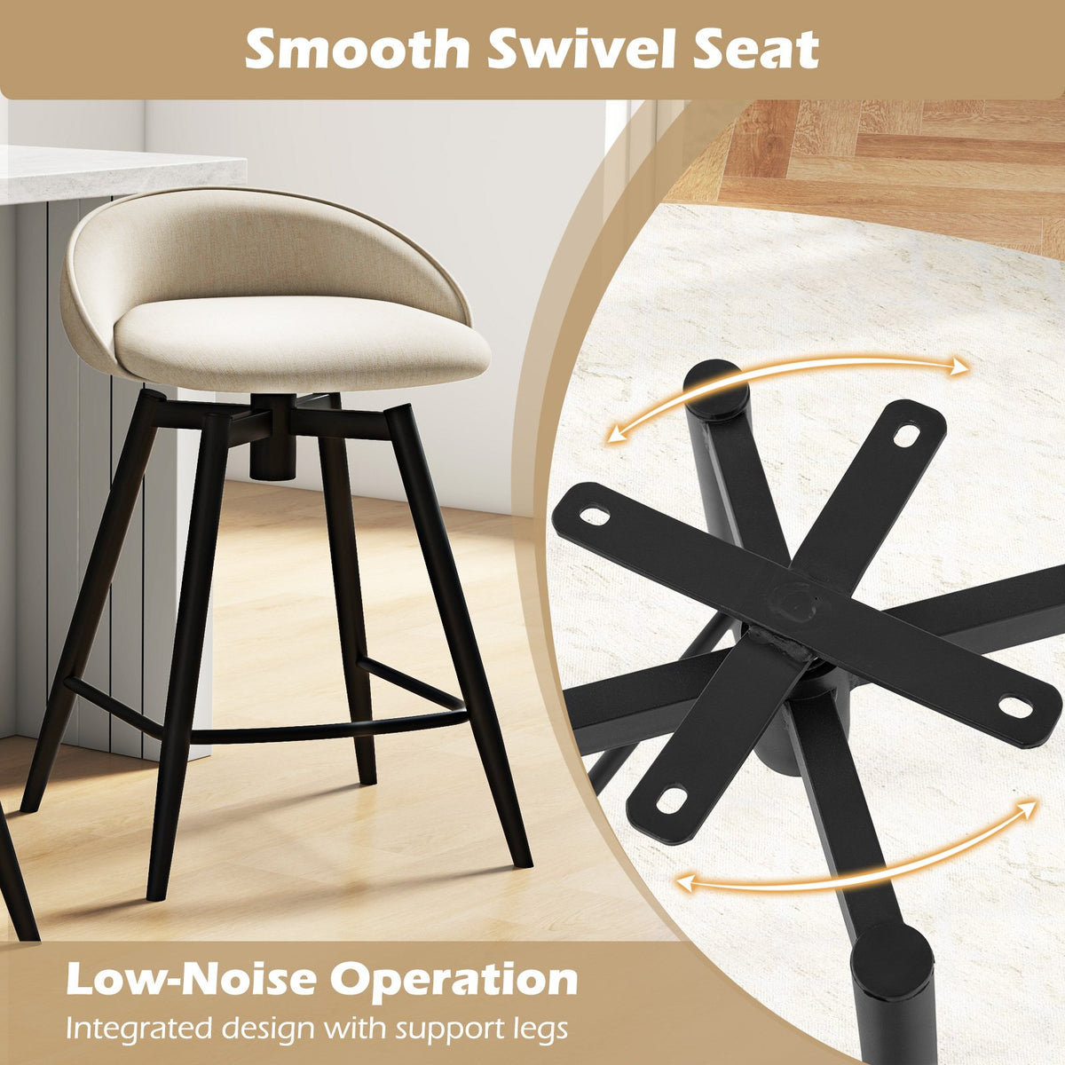 Upholstered Bar Stools Set of 2 with Footrest and Backrest-Beige view 7