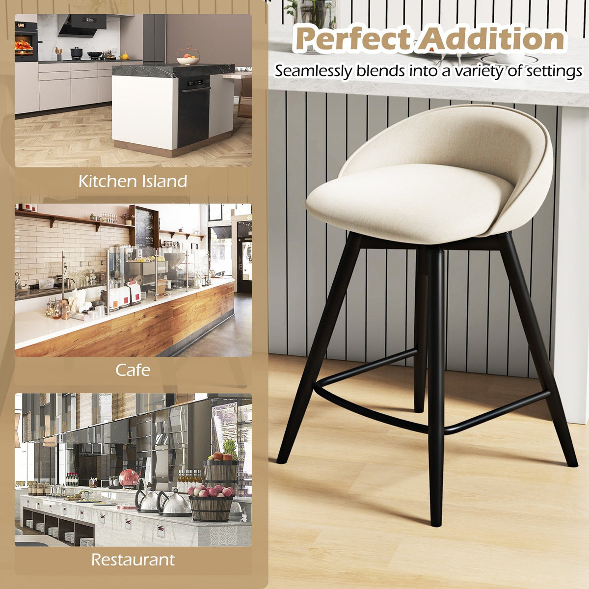 Upholstered Bar Stools Set of 2 with Footrest and Backrest-Beige view 8