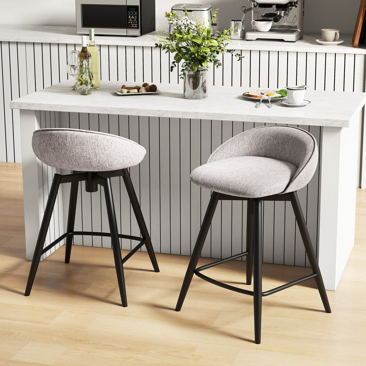 Upholstered Bar Stools Set of 2 with Footrest and Backrest-Gray view 2