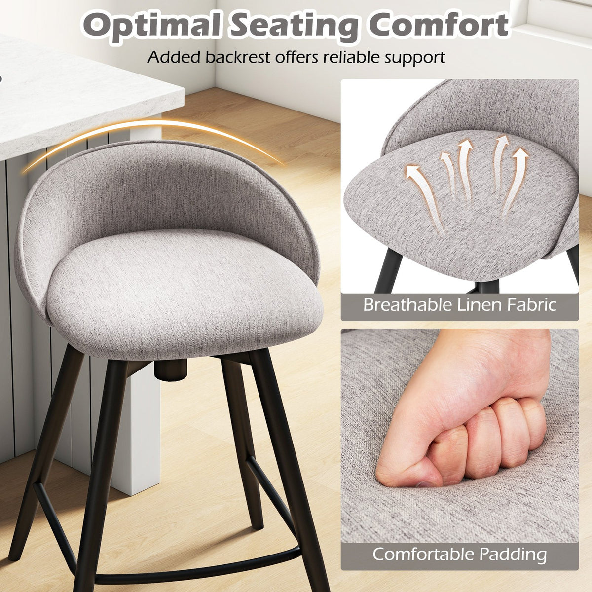 Upholstered Bar Stools Set of 2 with Footrest and Backrest-Gray view 6