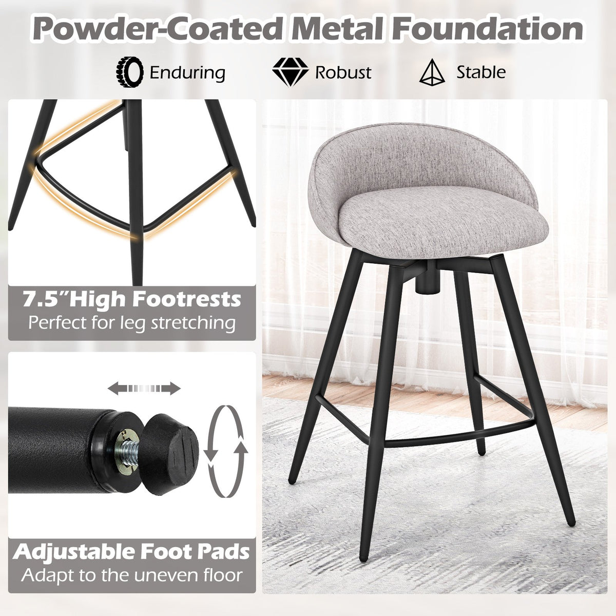 Upholstered Bar Stools Set of 2 with Footrest and Backrest-Gray view 7