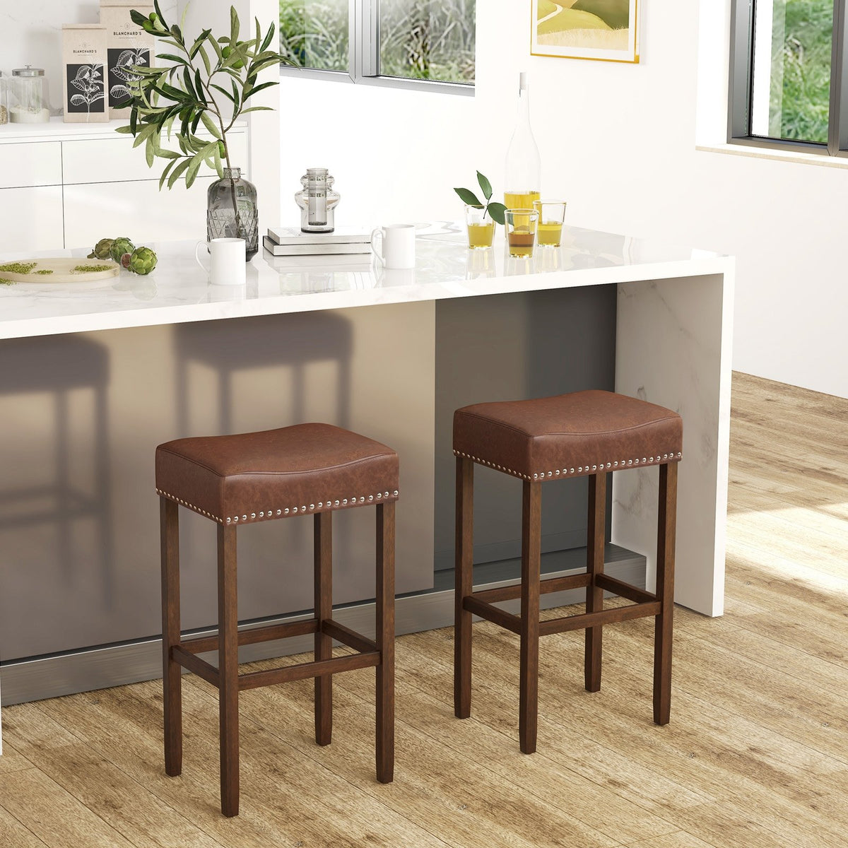 Upholstered Bar Stools Set of 2 with Footrests for Counter-Brown view 3