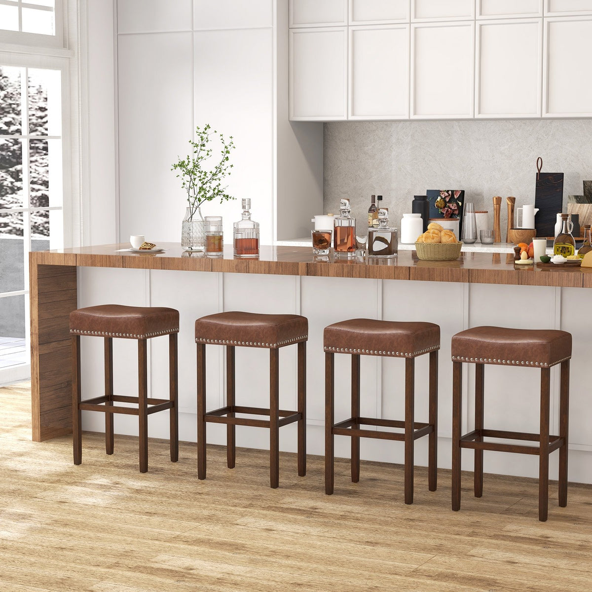 Upholstered Bar Stools Set of 2 with Footrests for Counter-Brown view 6